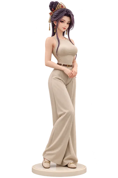 Chi Lian · Beige tank + wide-leg trousers · transparent figure