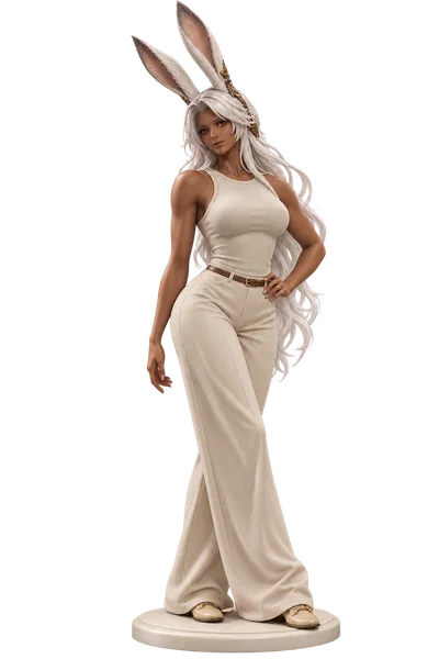 Fran · Beige tank + wide-leg trousers · transparent figure
