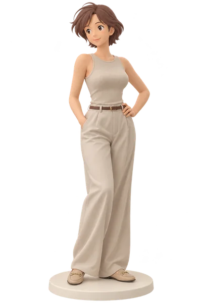 Lisa · Beige tank + wide-leg trousers · transparent figure