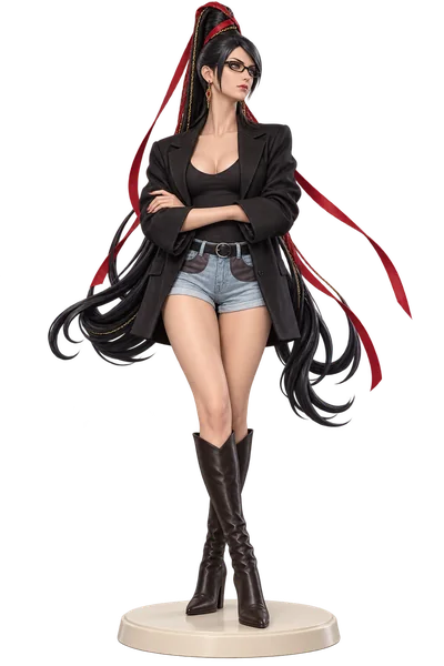 Bayonetta · Black blazer + denim shorts · transparent figure