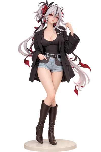 Camellya · Black blazer + denim shorts · transparent figure