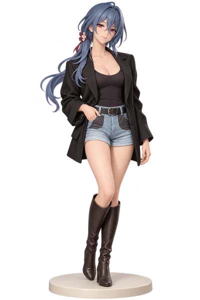 Natasha · Black blazer + denim shorts · transparent figure
