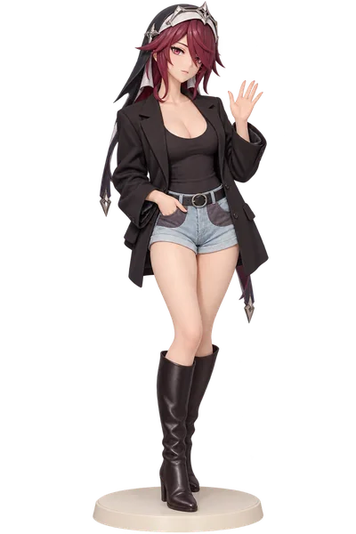 Rosaria · Black blazer + denim shorts · transparent figure