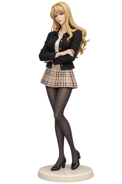 Julia · Black tweed jacket + plaid skirt · transparent figure
