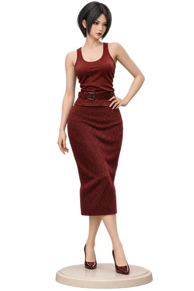 Ada Wong · Burgundy tank + midi skirt · transparent figure