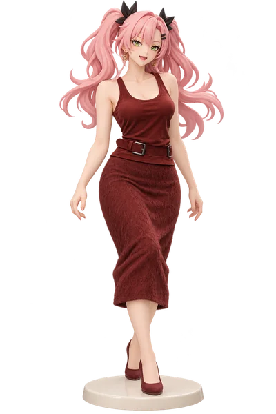 Nicole Demara · Burgundy tank + midi skirt · transparent figure