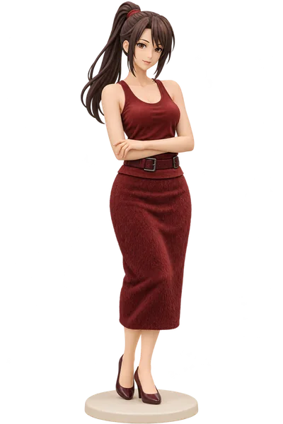 Tae Shimura · Burgundy tank + midi skirt · transparent figure