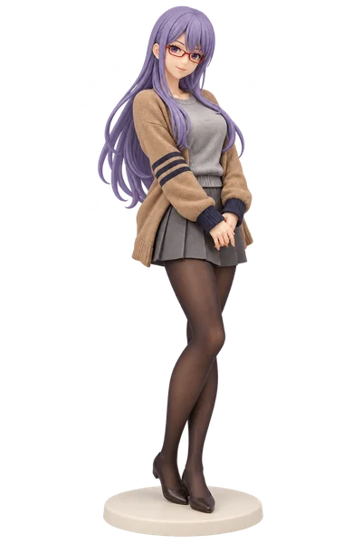Ayame Sarutobi · Camel cardigan + gray pleats · transparent figure