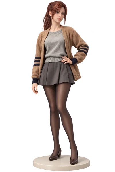 Claire Redfield · Camel cardigan + gray pleats · transparent figure