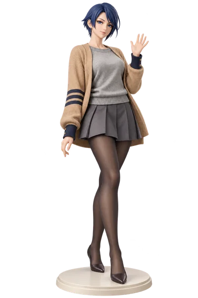 Elisabeth Blanctorche · Camel cardigan + gray pleats · 3D