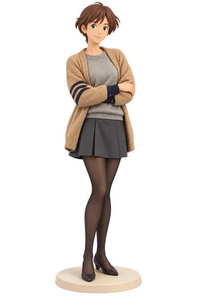 Lisa · Camel cardigan + gray pleats · transparent figure
