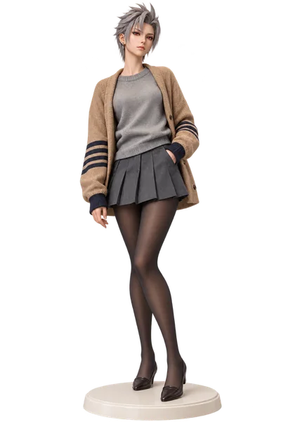 Paine · Camel cardigan + gray pleats · transparent figure