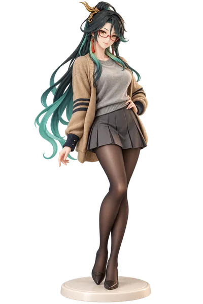 Xianyun · Camel cardigan + gray pleats · transparent figure