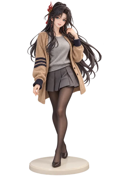 Yan Lingji · Camel cardigan + gray pleats · transparent figure