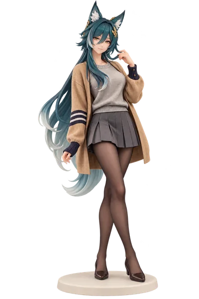Yukong · Camel cardigan + gray pleats · 3D