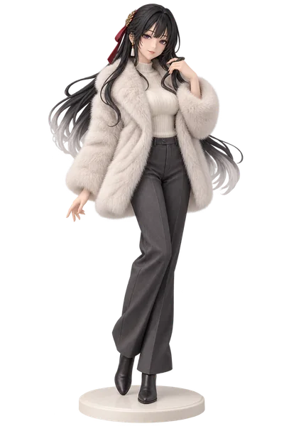 Astra Yao · Faux-fur coat + trousers · transparent figure