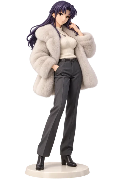 Misato Katsuragi · Faux-fur coat + trousers · transparent figure