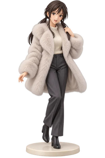 Naeko Miike · Faux-fur coat + trousers · transparent figure