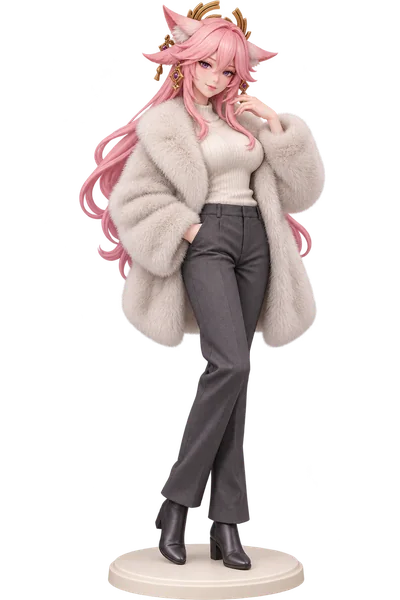 Yae Miko · Faux-fur coat + trousers · transparent figure