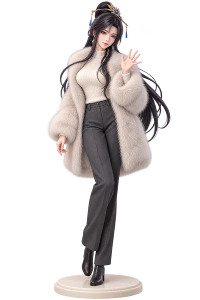 Yun Yun · Faux-fur coat + trousers · transparent figure