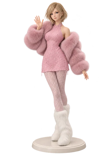 Ashe · Pink plush jacket + sequin skirt · 3D
