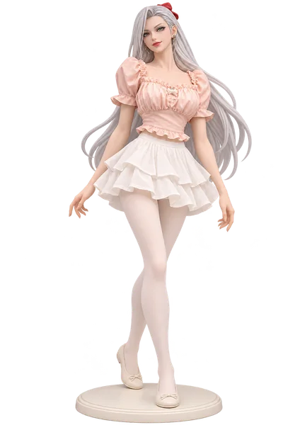 Jeanne · Pink puff sleeves + flared skirt · transparent figure