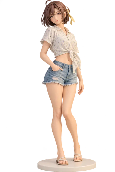 Athena Glory · Floral shirt + denim shorts · transparent figure