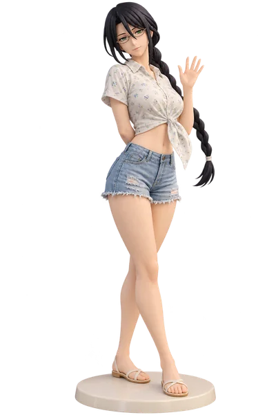 Lisa Yadomaru · Floral shirt + denim shorts · transparent figure