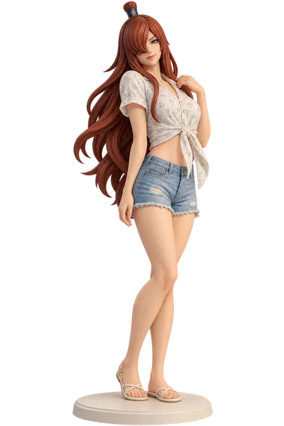 Mei Terumi · Floral shirt + denim shorts · transparent figure
