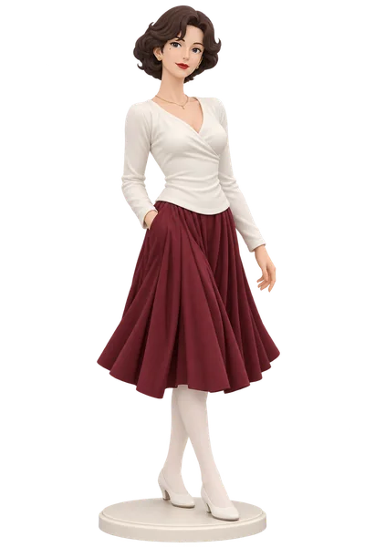 Madame Gina · White top + burgundy pleats · transparent figure