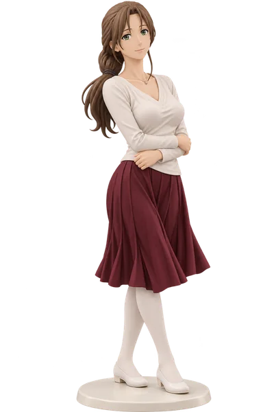 Trisha Elric · White top + burgundy pleats · transparent figure
