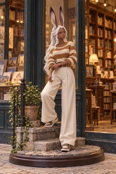Fran · Striped knit + wide-leg pants · 3D