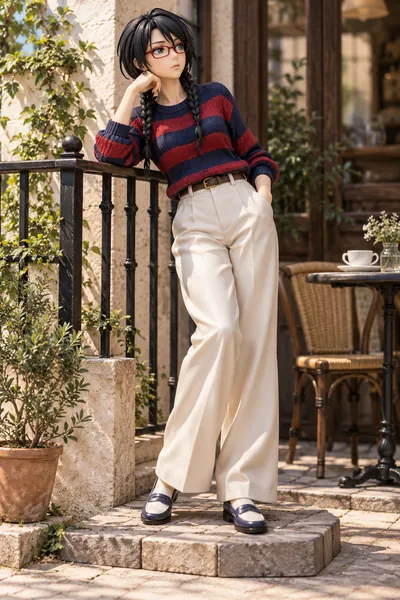 Lisa Yadomaru · Striped knit + wide-leg pants · 3D