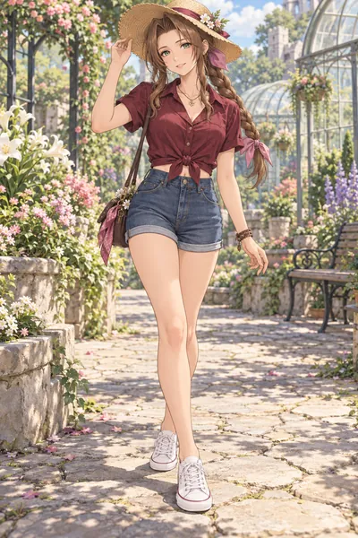 Aerith Gainsborough · Tie-front shirt + denim shorts