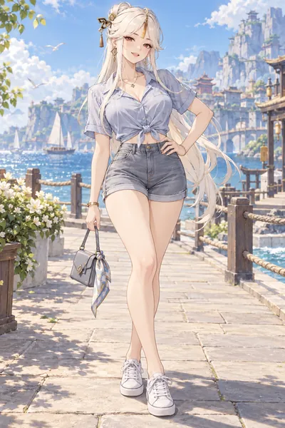 Ningguang · Tie-front shirt + denim shorts