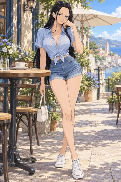 Nico Robin · Tie-front shirt + denim shorts