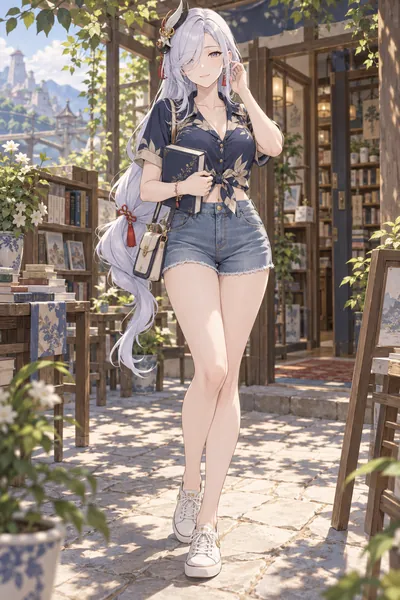 Shenhe · Tie-front shirt + denim shorts