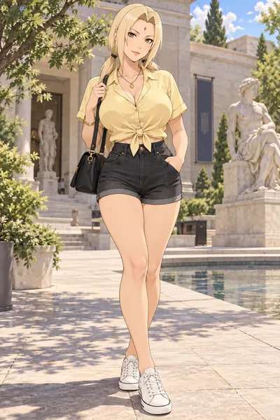 Tsunade · Tie-front shirt + denim shorts