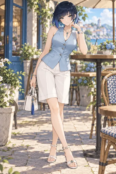 Yelan · Waistcoat + Bermuda shorts