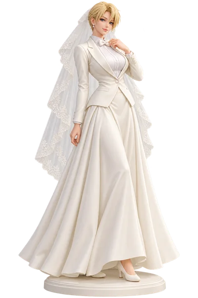 King · Wedding gowns + 3D figures · Tuxedo gown + ivory bow tie