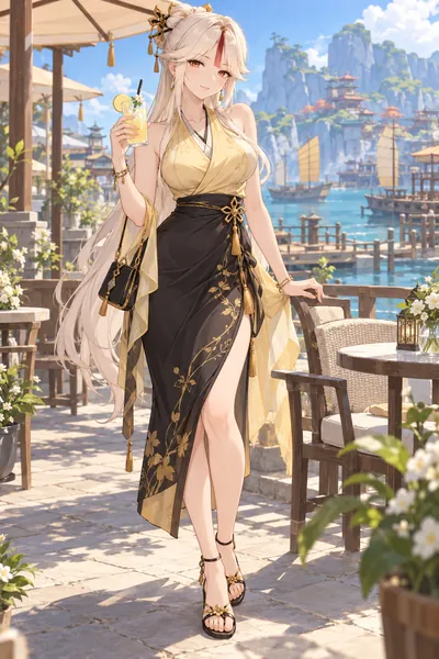 Ningguang · Wrap top + slit midi skirt
