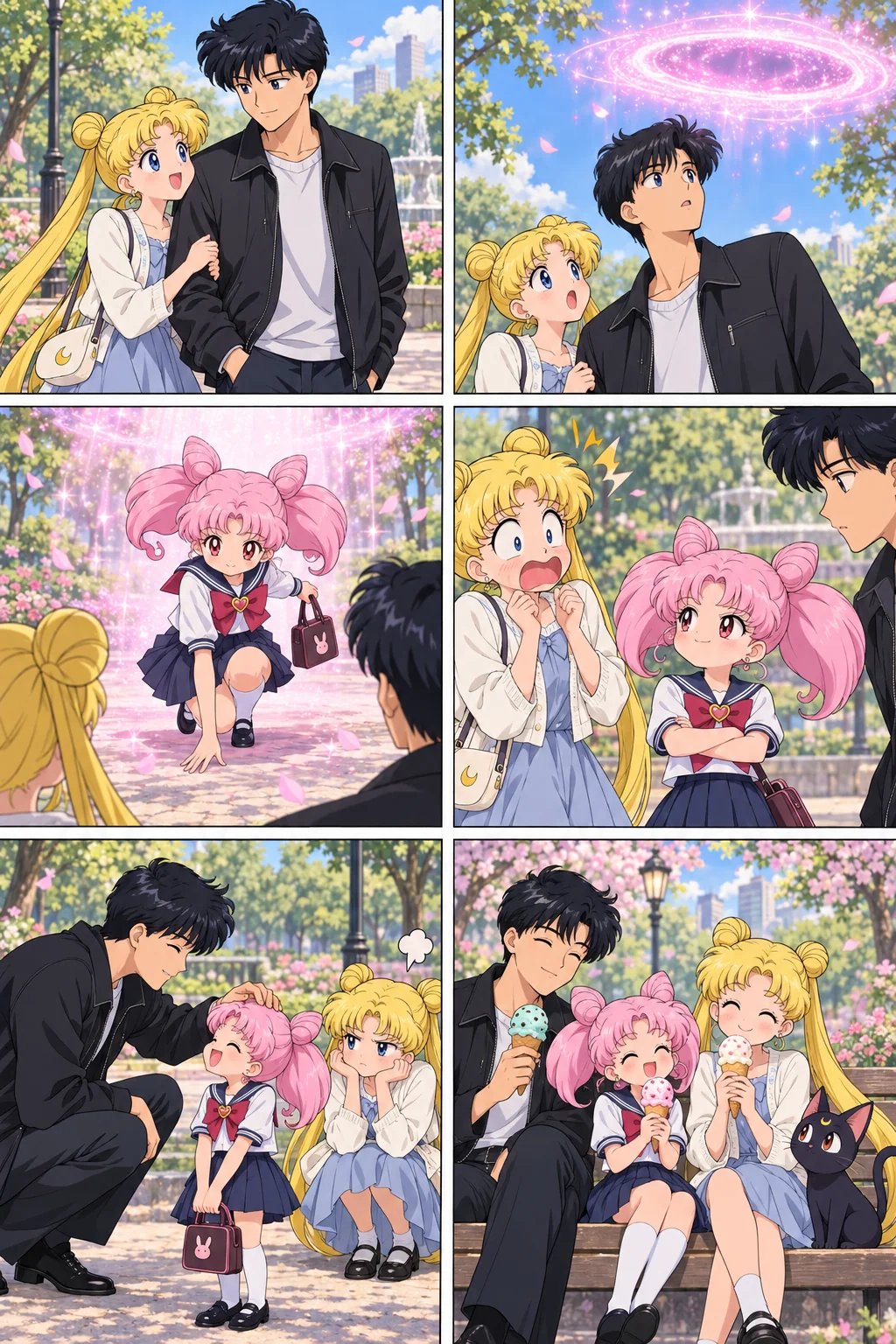 Chibiusa’s arrival brings playful chaos to Usagi and Mamoru’s day.