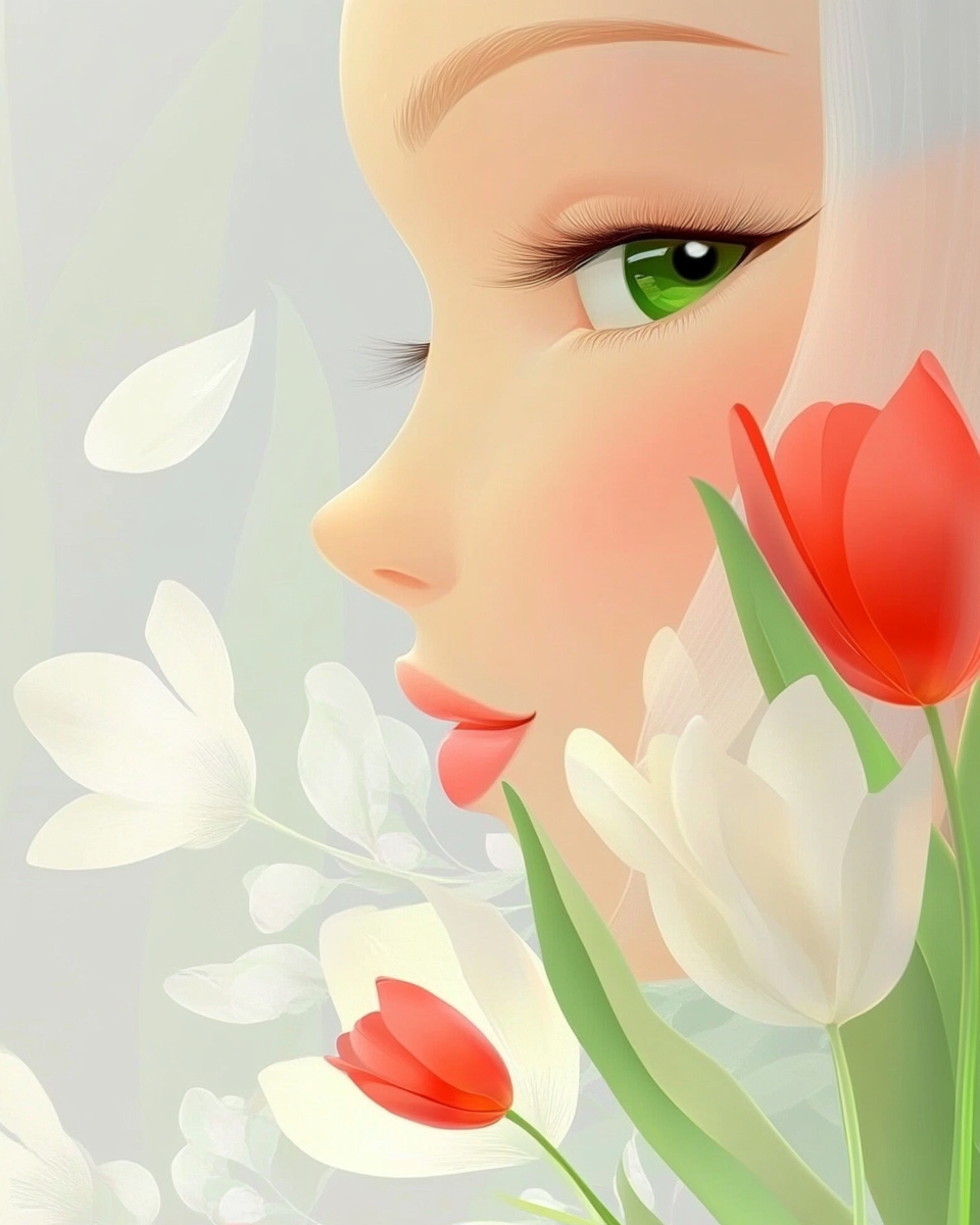 A beautiful girl with green eyes and blonde hair holding a bouquet of red and white tulips.