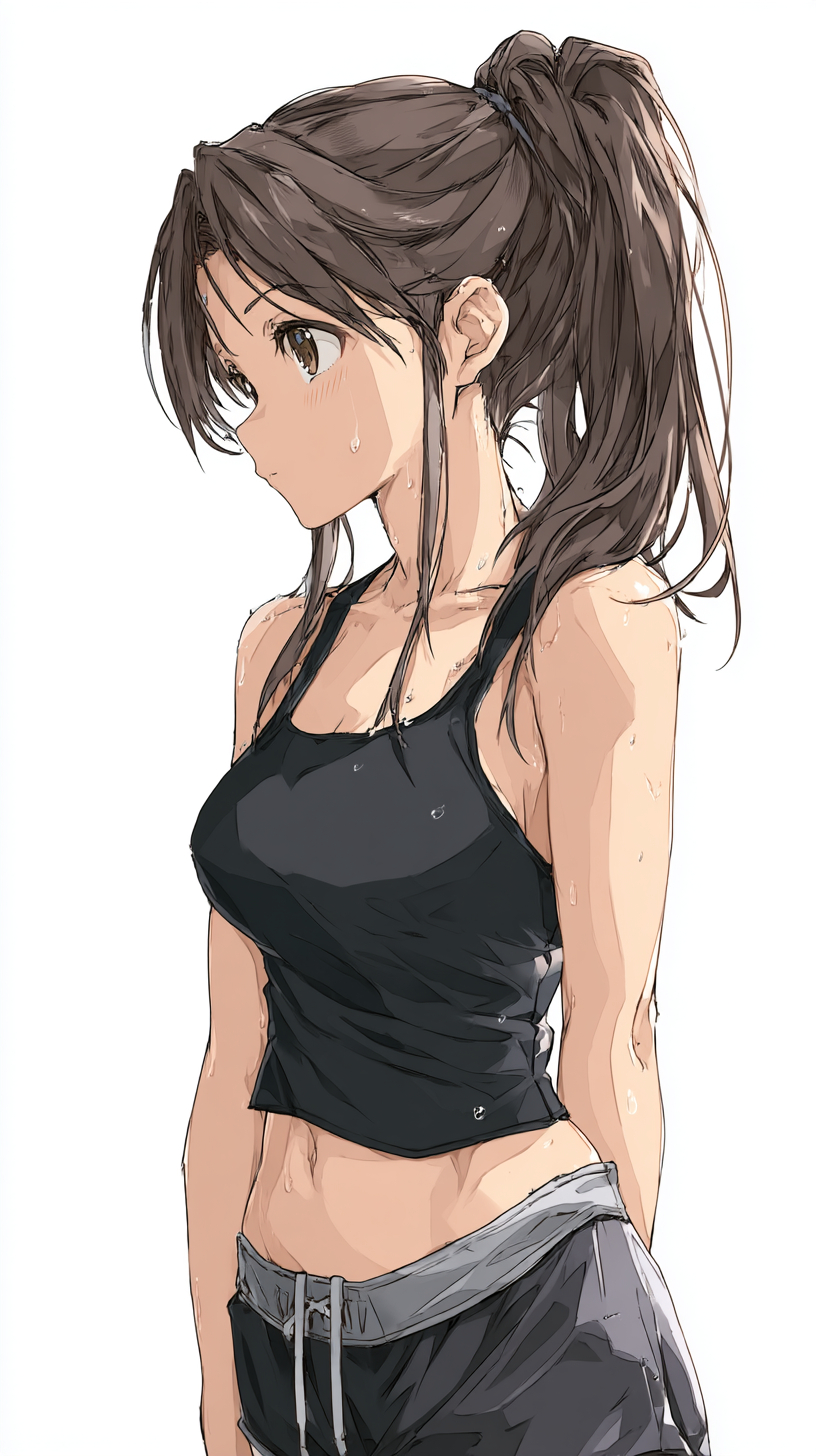 Japanisches Anime-Mädchen mit langen Zopf und Shorts in einem klaren und detaillierten Illustrationsstil