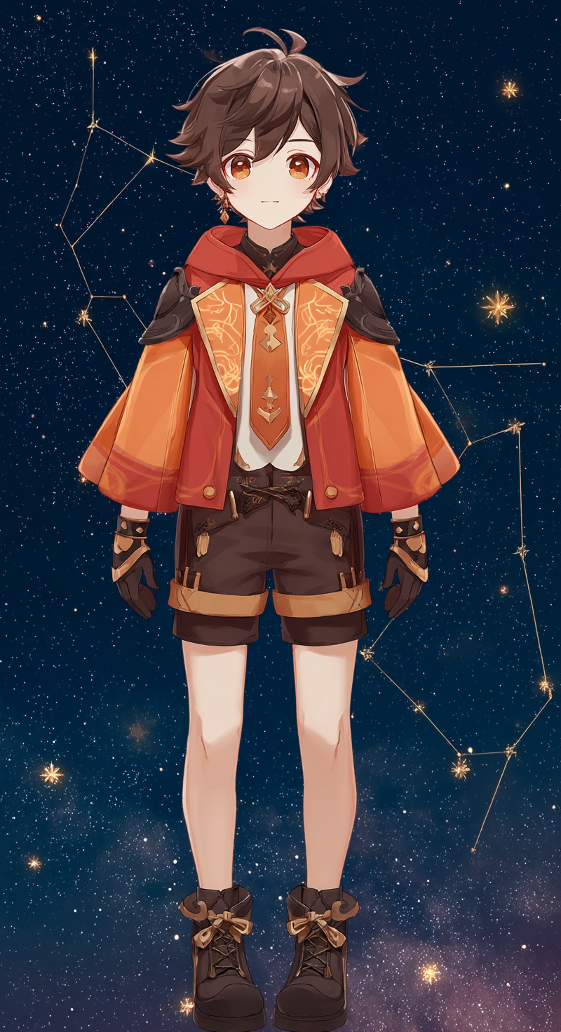 Venti穿著紅橙色服裝和黑鞋的全身像