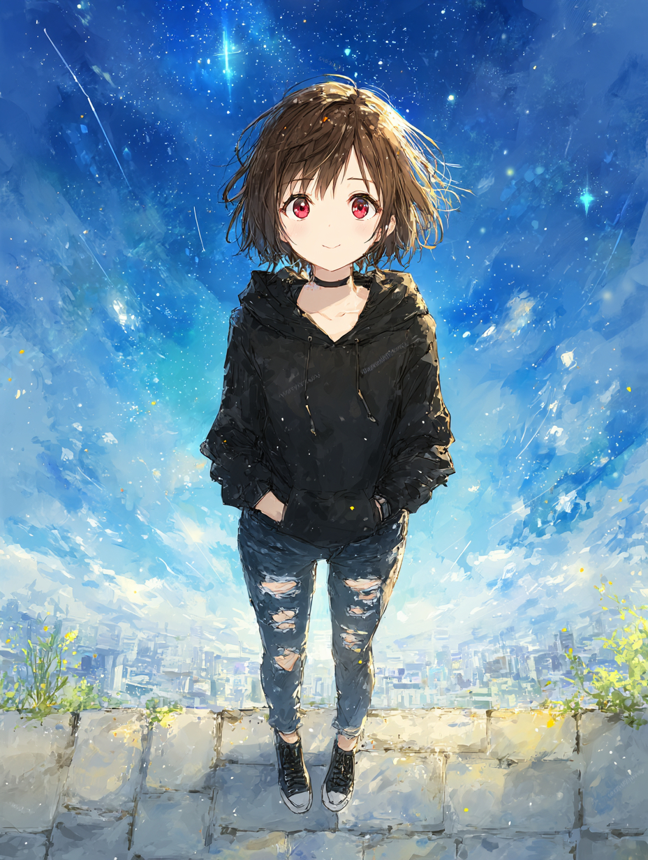 A 26-year-old introverted woman in black street casual fashion looking up at a blue sky on a winter street