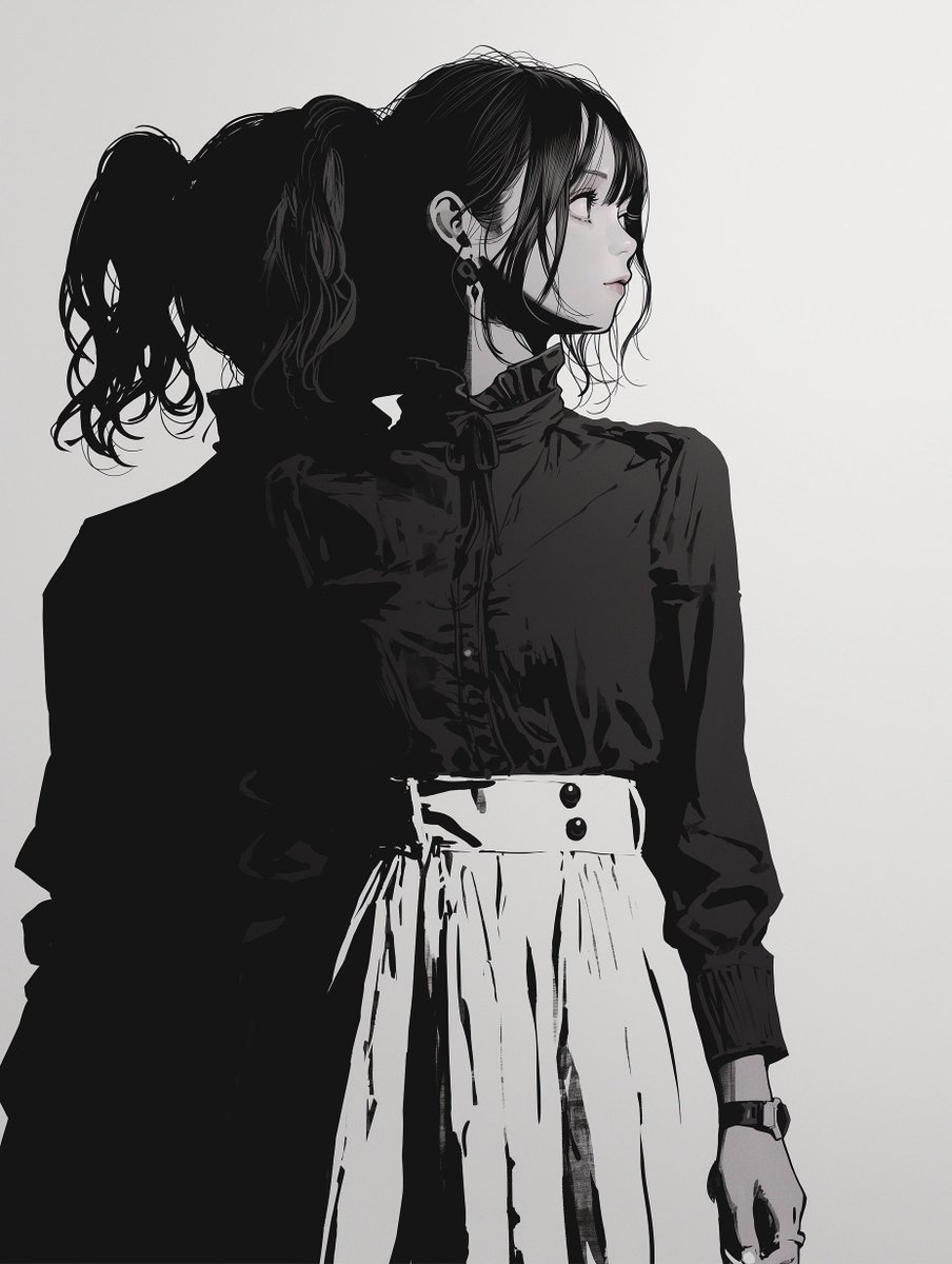 A young woman with black hair in a ponytail is wearing a black blouse and a white pleated skirt with a contemplative expression