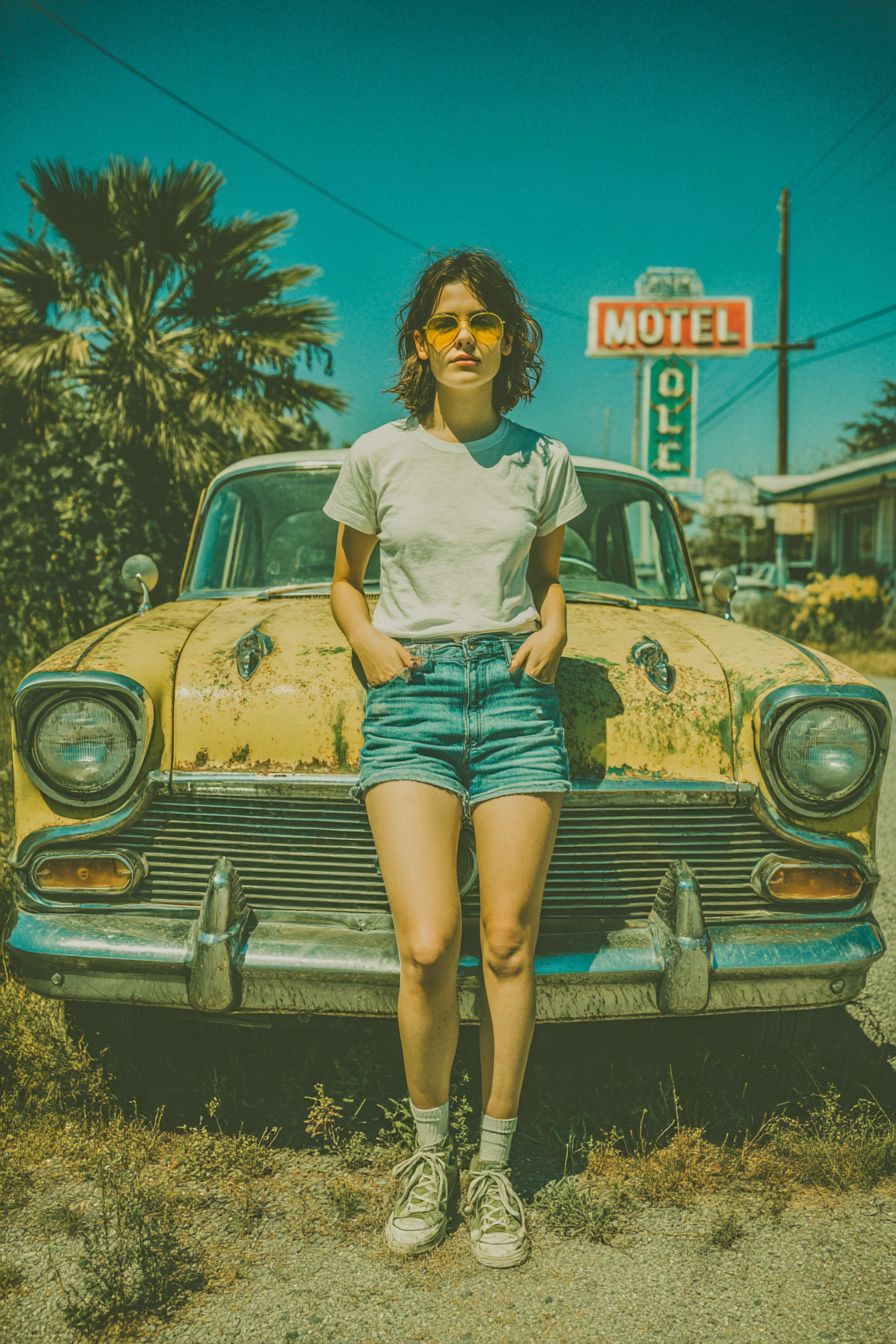Una joven vestida con ropa de verano moderna está de pie frente a un motel en California.