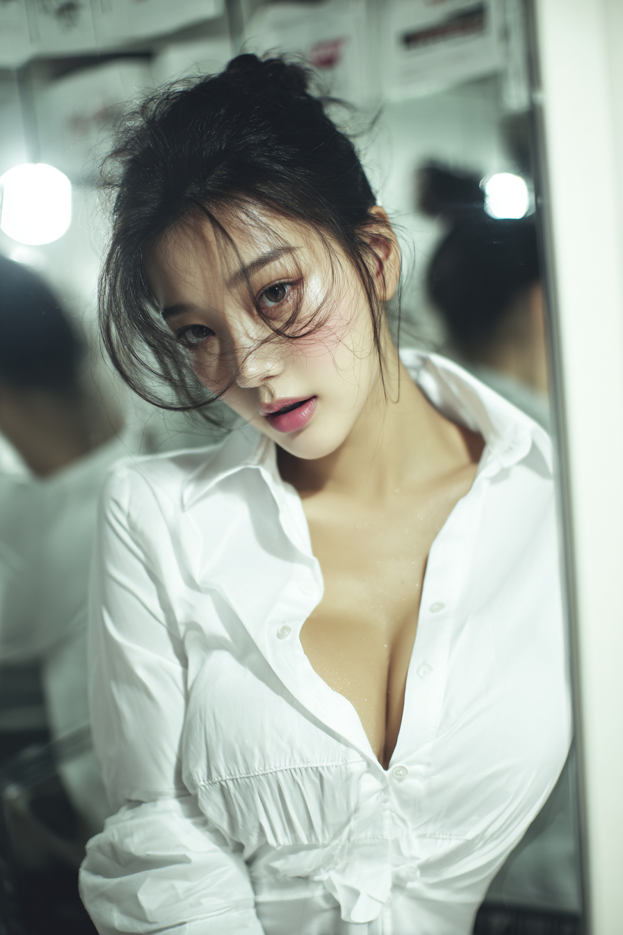Uma jovem beleza chinesa encantadora com uma camisa branca exibe sua figura perfeita e pele bonita em uma sala com paredes espelhadas