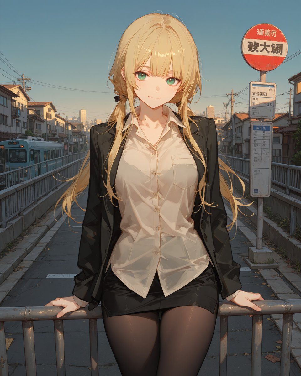 Une jeune femme en chemise blanche et blazer noir s'appuie sur une rambarde dans une rue urbaine tranquille au Japon